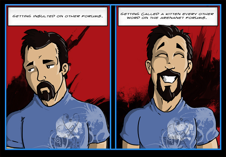 Comic: Players reacting positively towards being called "kitten" on forums.